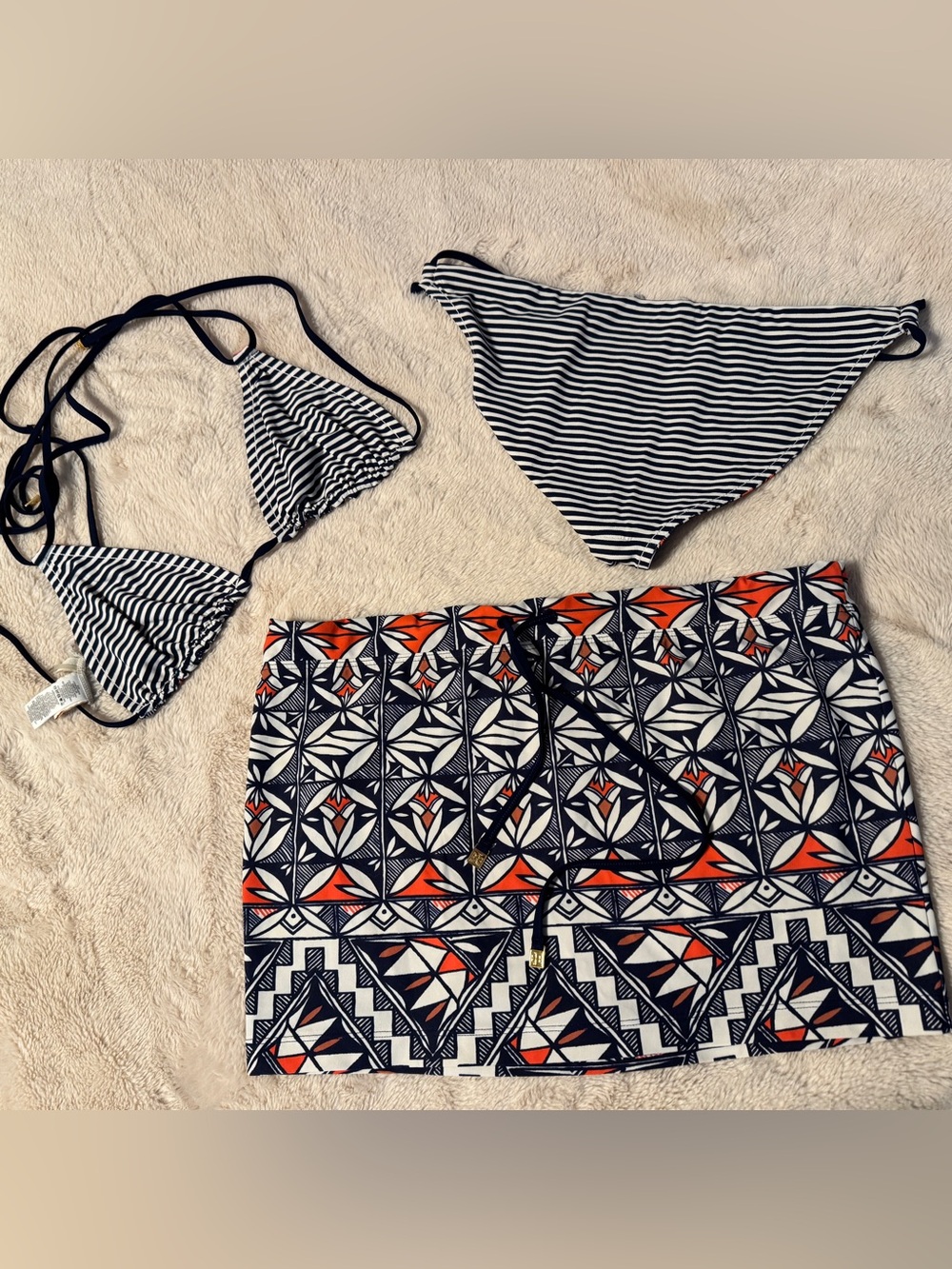 Tory Burch Acoma 3 Piece Reversible String Bikini Skirt Eurojersey Navy Stripe S - Picture 9 of 14